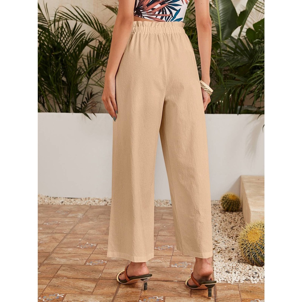 High waisted Frilled Waist Solid Wide Leg Pants green - Picture 6 of 13